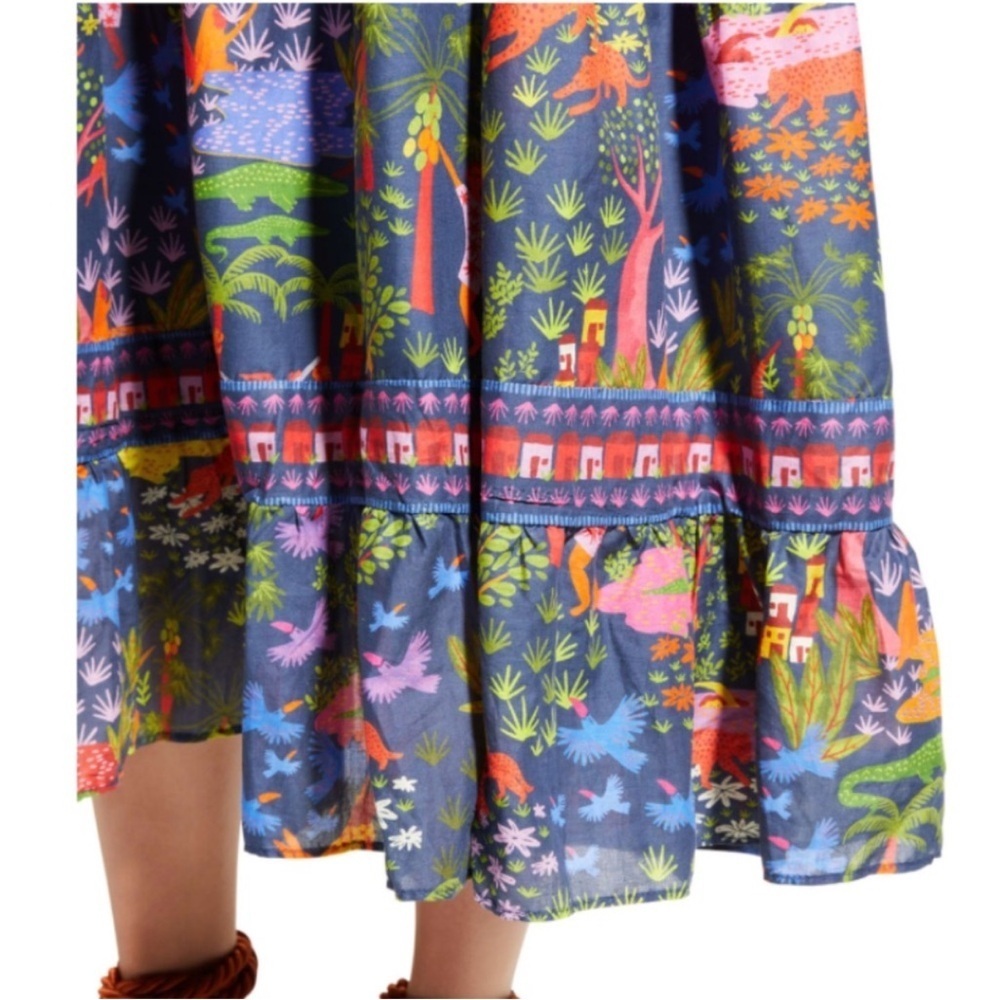 FARM Rio Animal Utopia Floral Jungle Print Puff Sleeve Midi Dress XS NWT - Picture 8 of 11